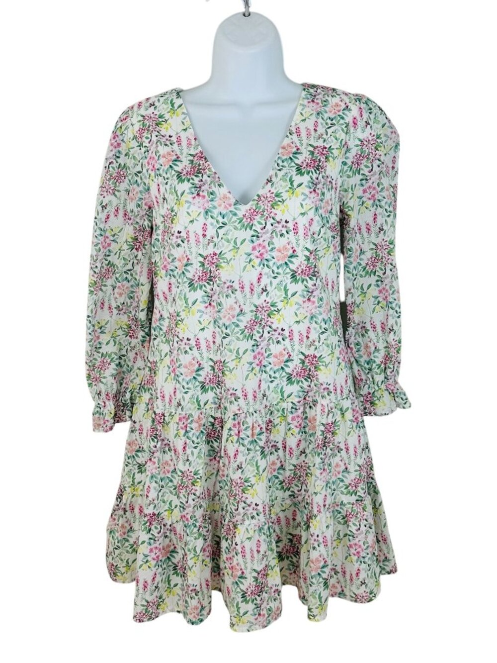 Mi Ami for Francesca's Women's Size S Floral Drop Waist White Green Dress
